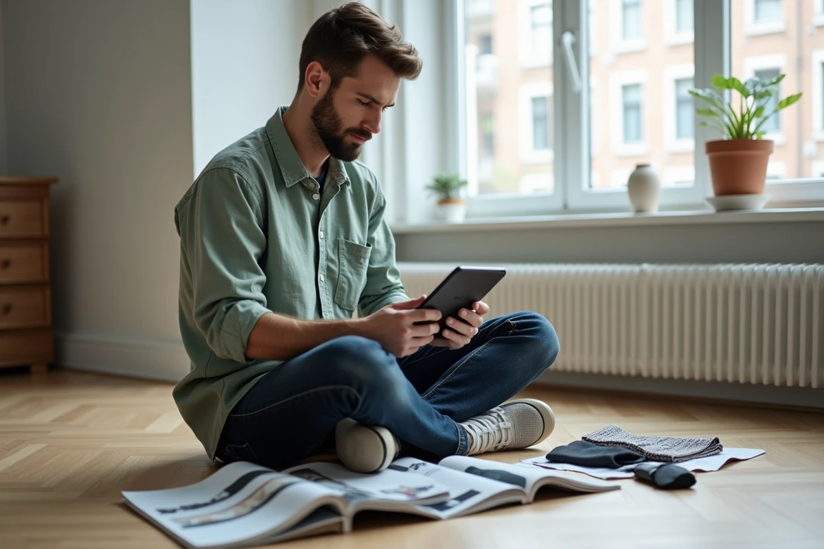 Homme jeune consultant des tendances mode sur tablette entouré de magazines dans un appartement scandinave