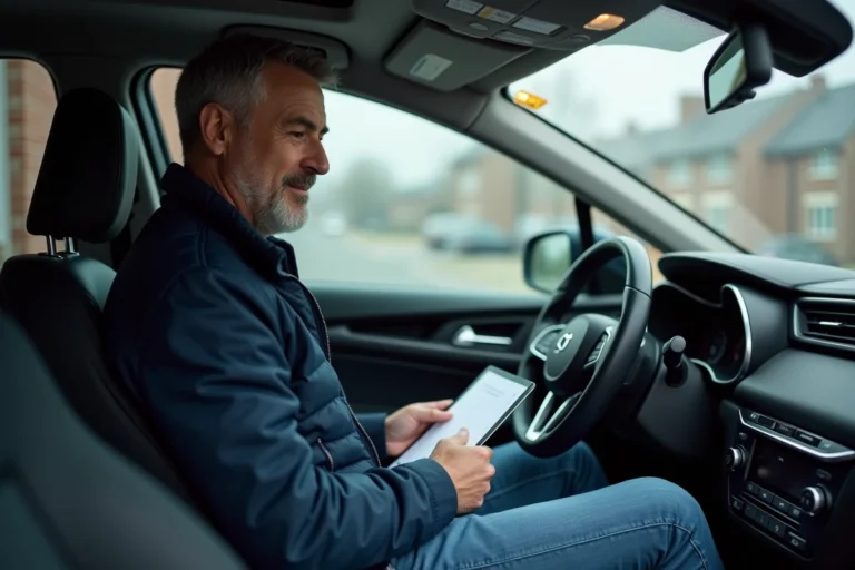 Homme concentré dans sa voiture moderne avec un carnet