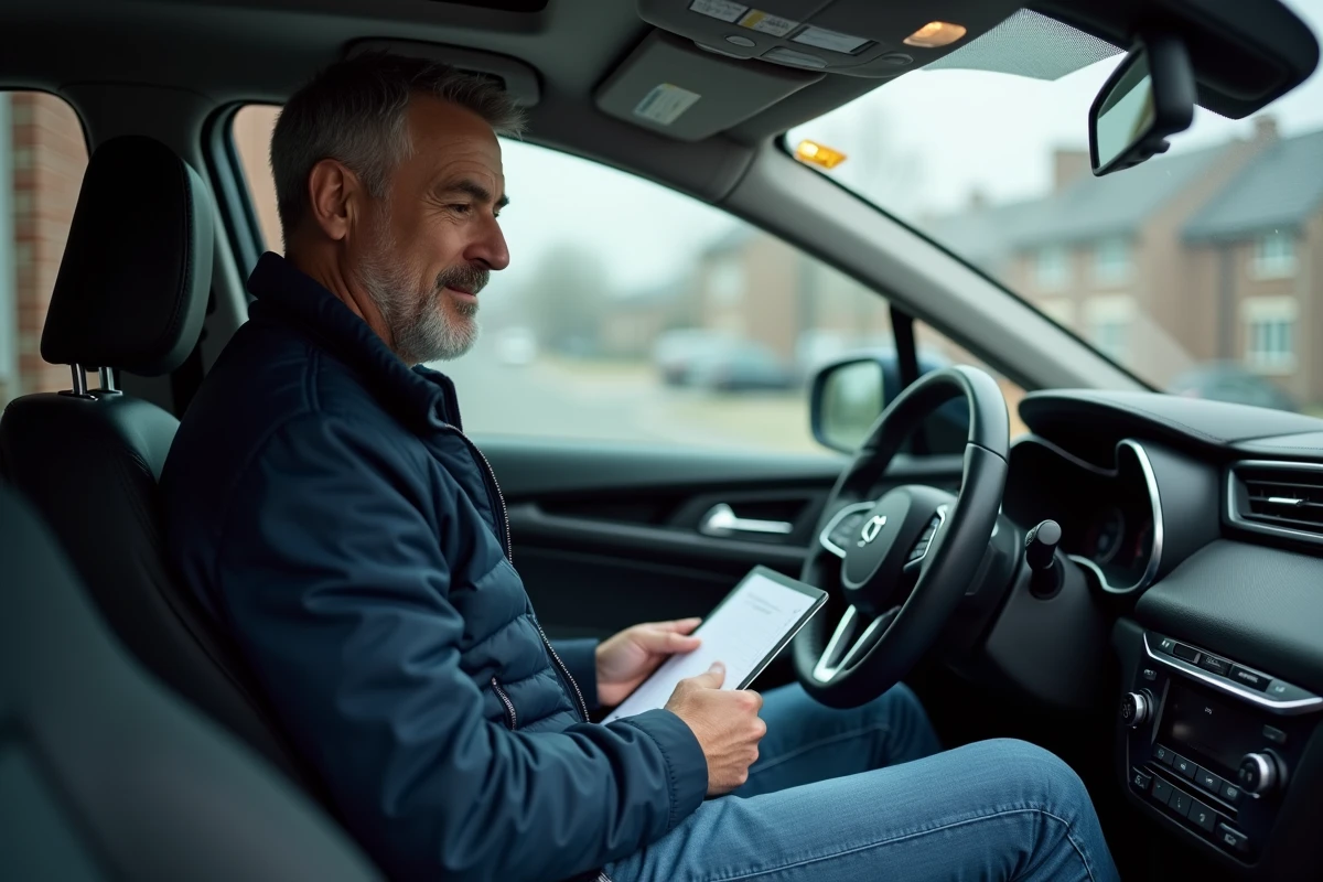 Homme concentré dans sa voiture moderne avec un carnet