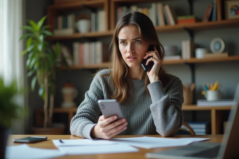 Femme tenant un smartphone affichant un numéro de téléphone inconnu en 06, assise à un bureau à domicile avec une expression interrogative