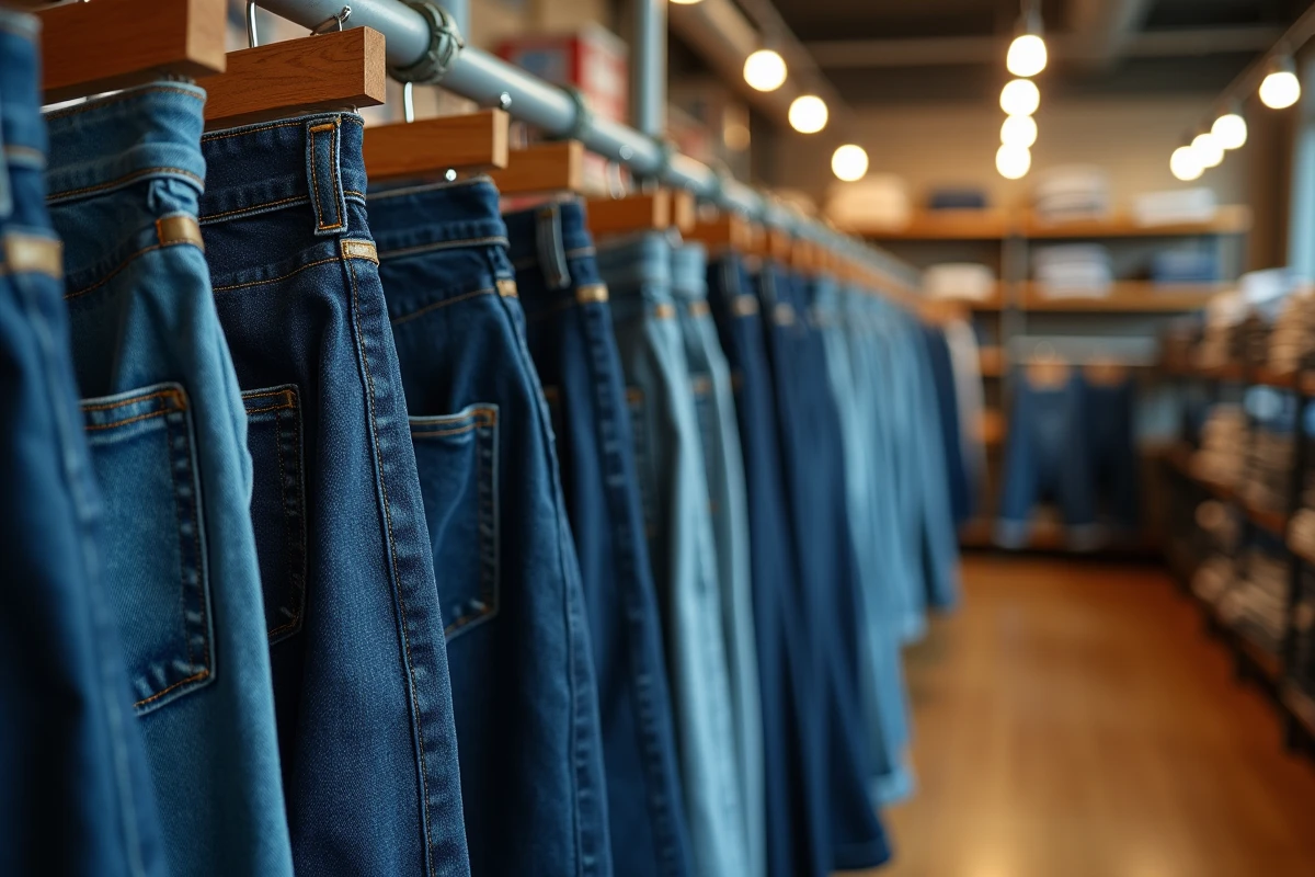 Rangée de jeans d'occasion suspendus sur des cintres dans une friperie vintage, illustrant la seconde vie des jeans et leur long cycle de vie en kilomètres