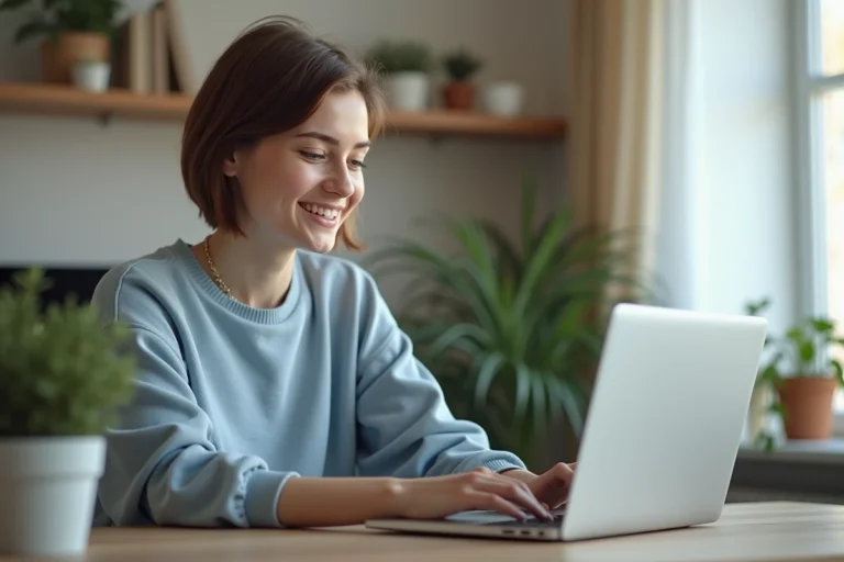 Jeune femme souriante utilisant un ordinateur portable dans un salon moderne