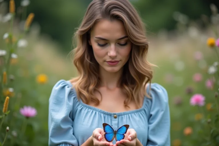 Jeune femme avec papillon bleu dans un jardin fleuri