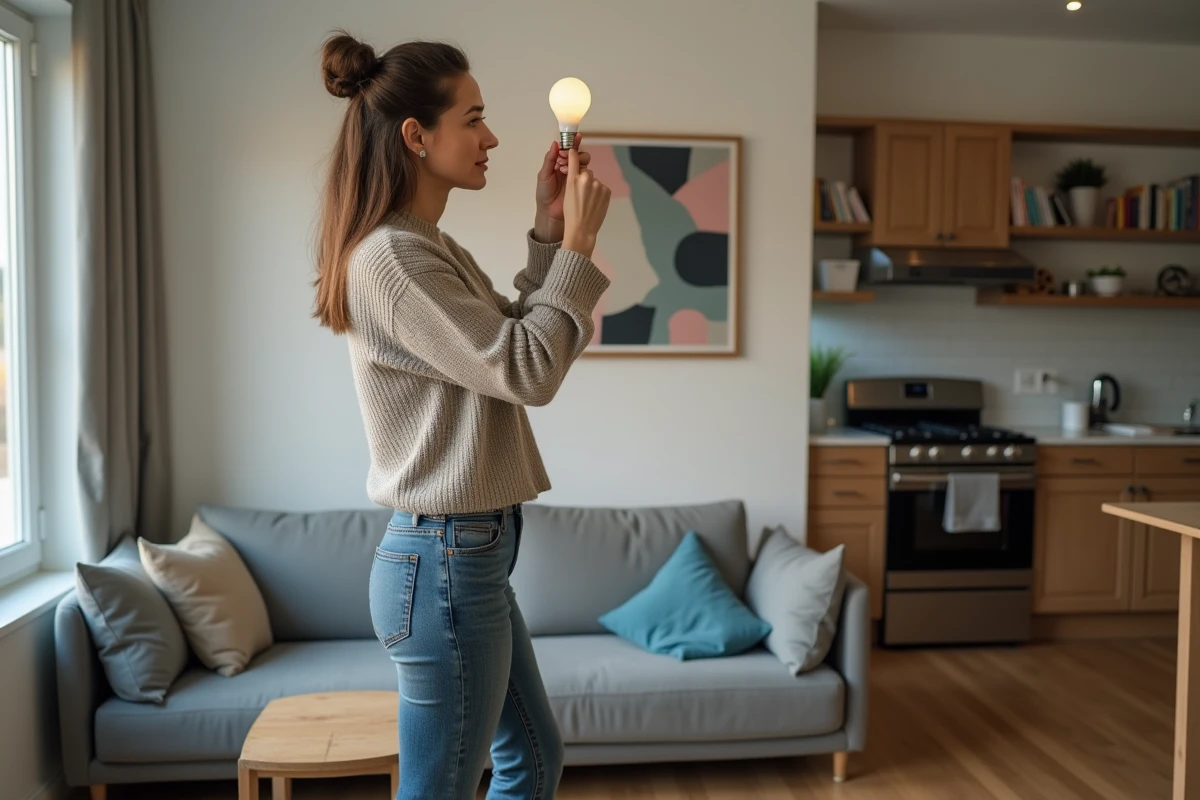 Jeune femme en sweater change une ampoule dans un appartement
