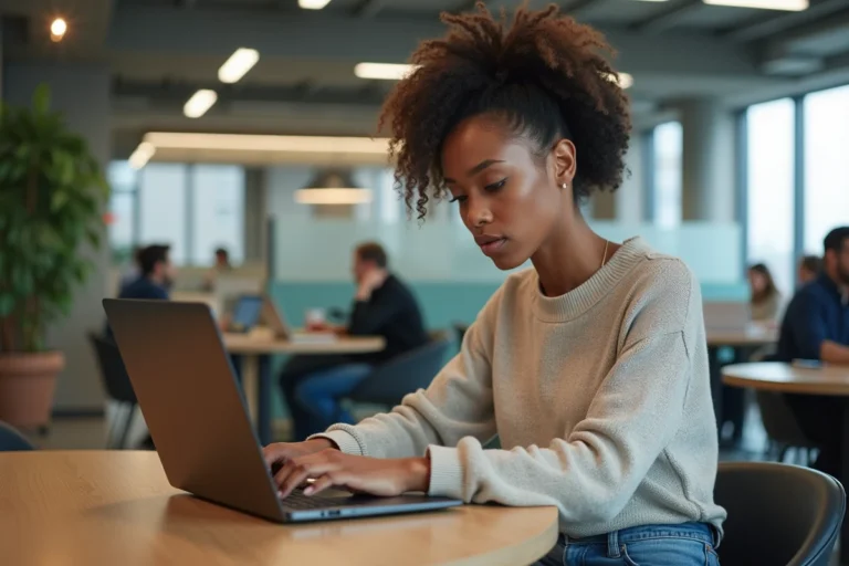 Jeune femme professionnelle concentrée sur son ordinateur dans un espace coworking