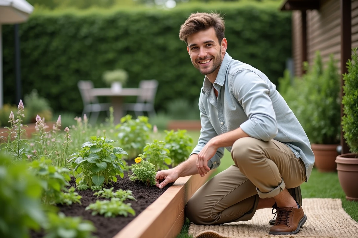 Jeune homme plantant des herbes aromatiques dans le jardin