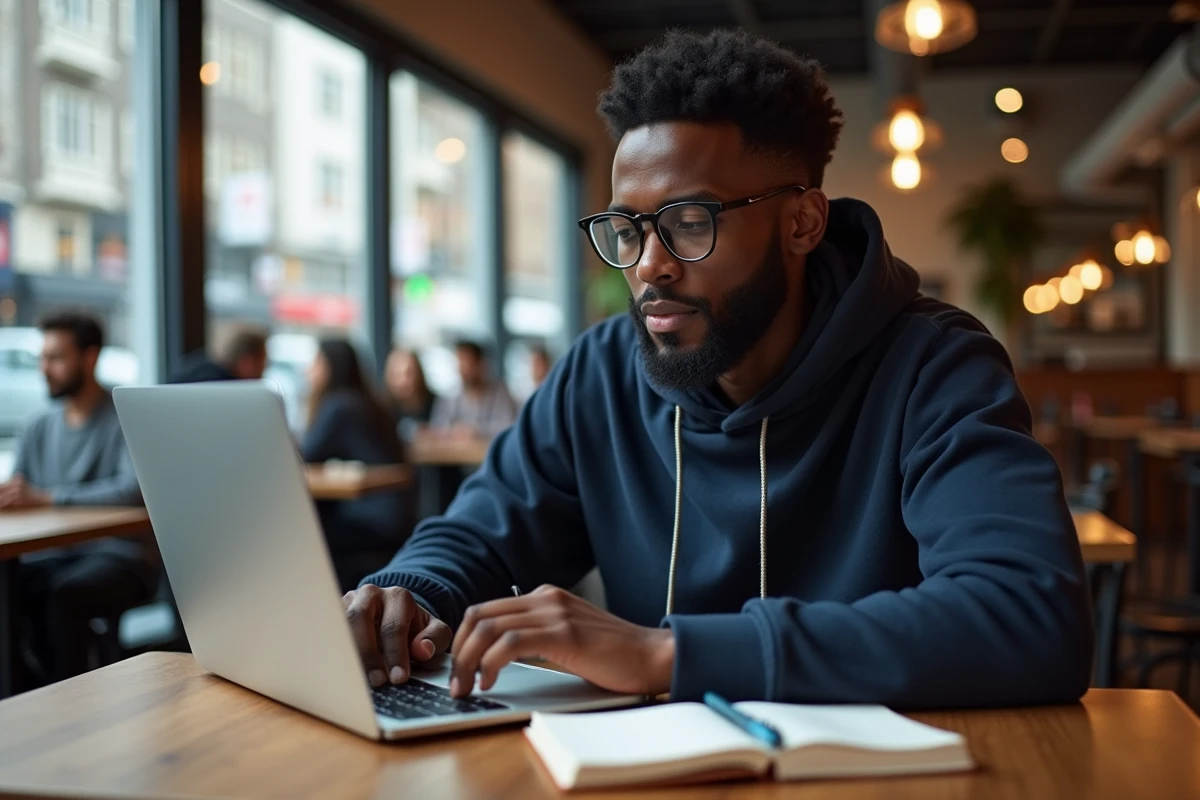 Jeune homme noir travaillant dans un café animé