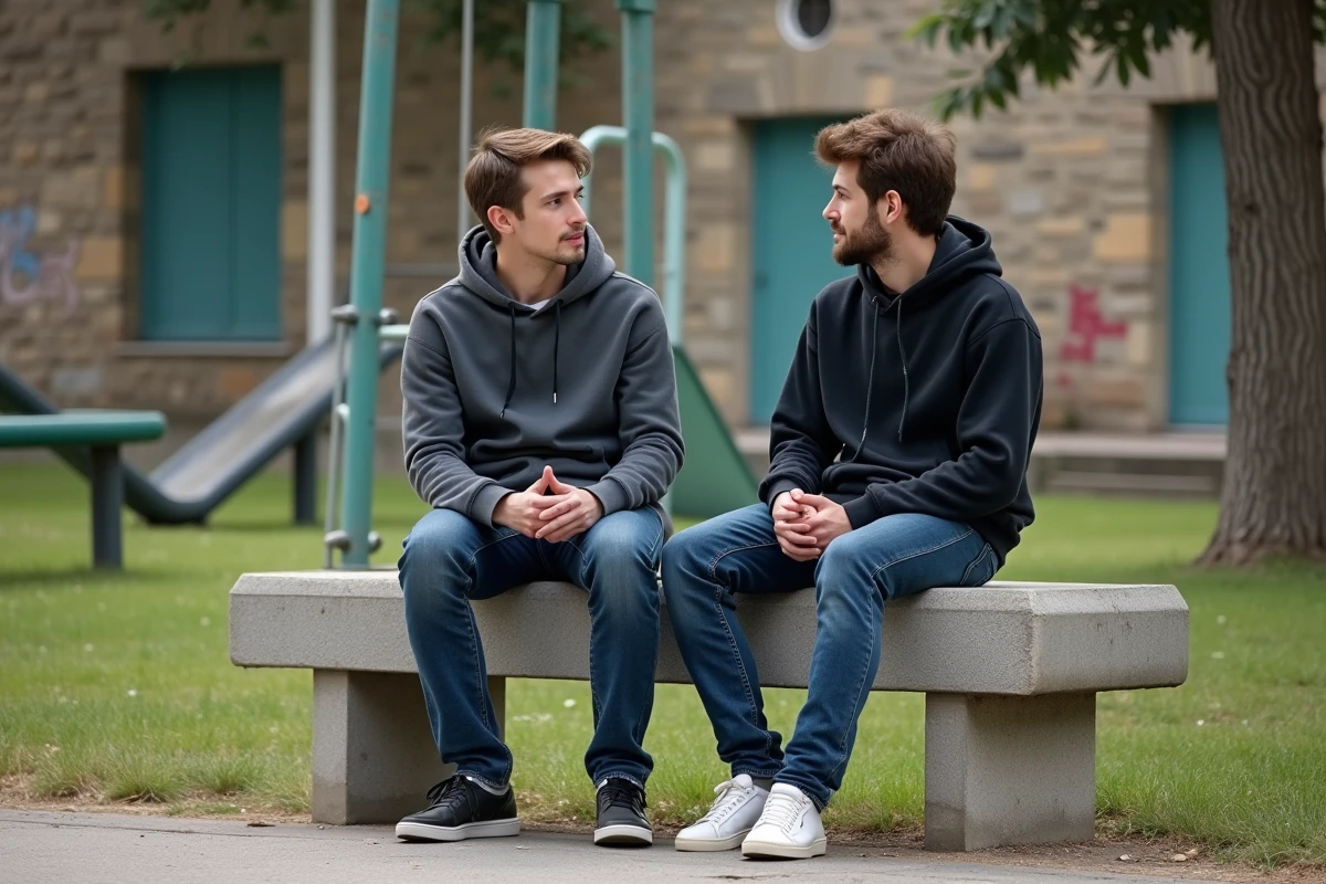 Deux jeunes hommes discutent sur un banc dans un parc de Nice
