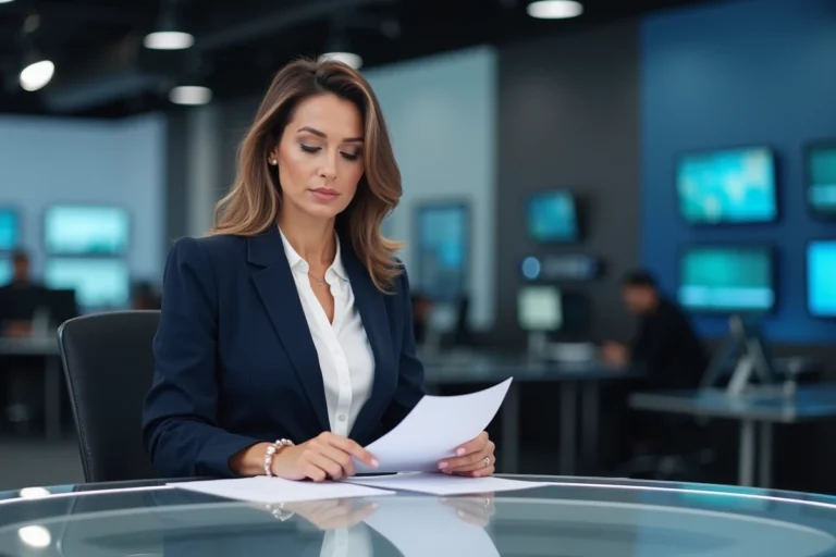 Journaliste de télévision féminine professionnelle assise à un bureau de studio, incarnant la discrétion et le sérieux médiatique