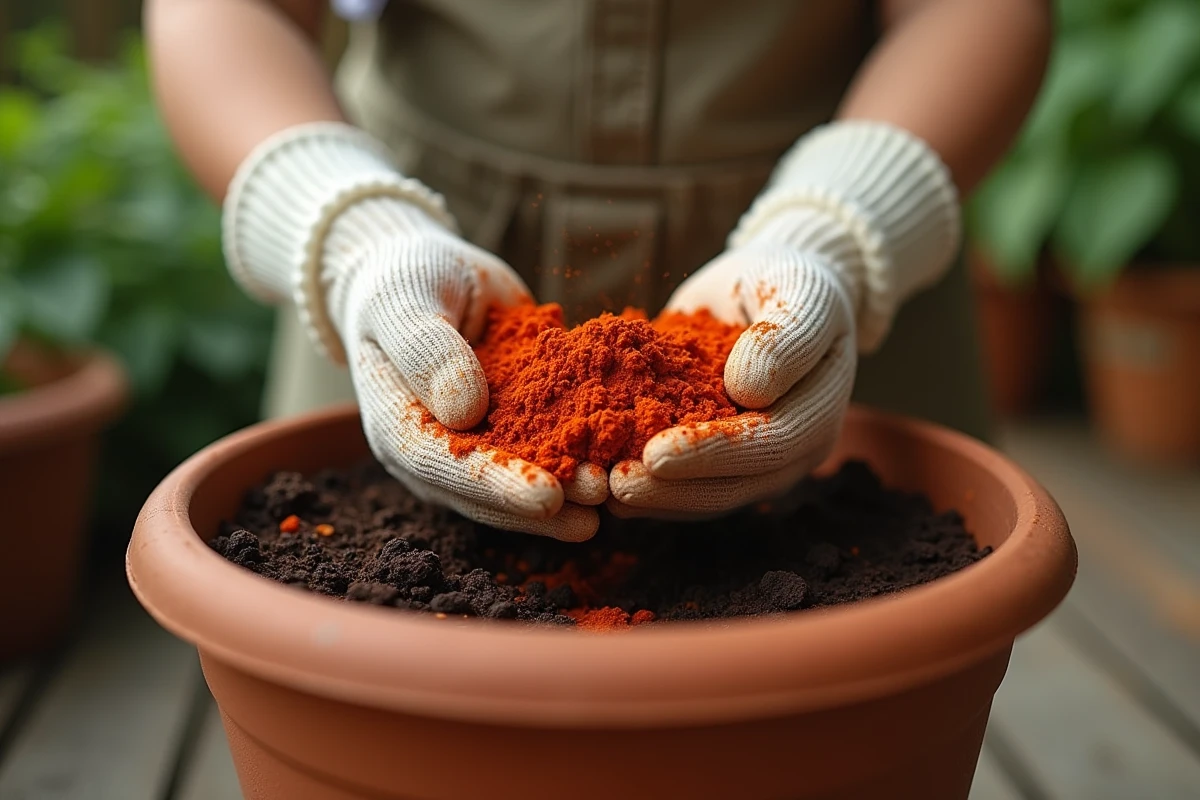 Mains en gants plantant paprika dans la terre