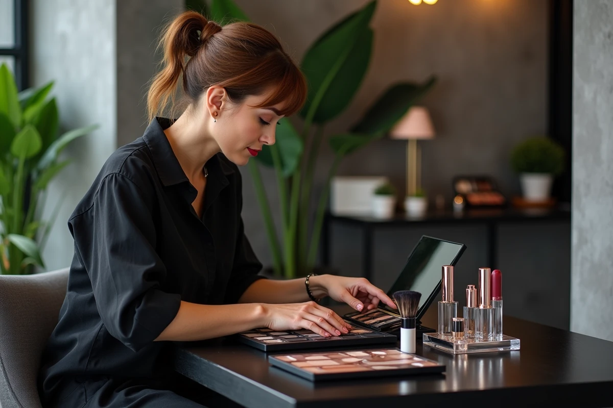 Maquilleuse professionnelle arrangeant une collection de maquillage de luxe sur une coiffeuse laquée noire dans un studio beauté moderne