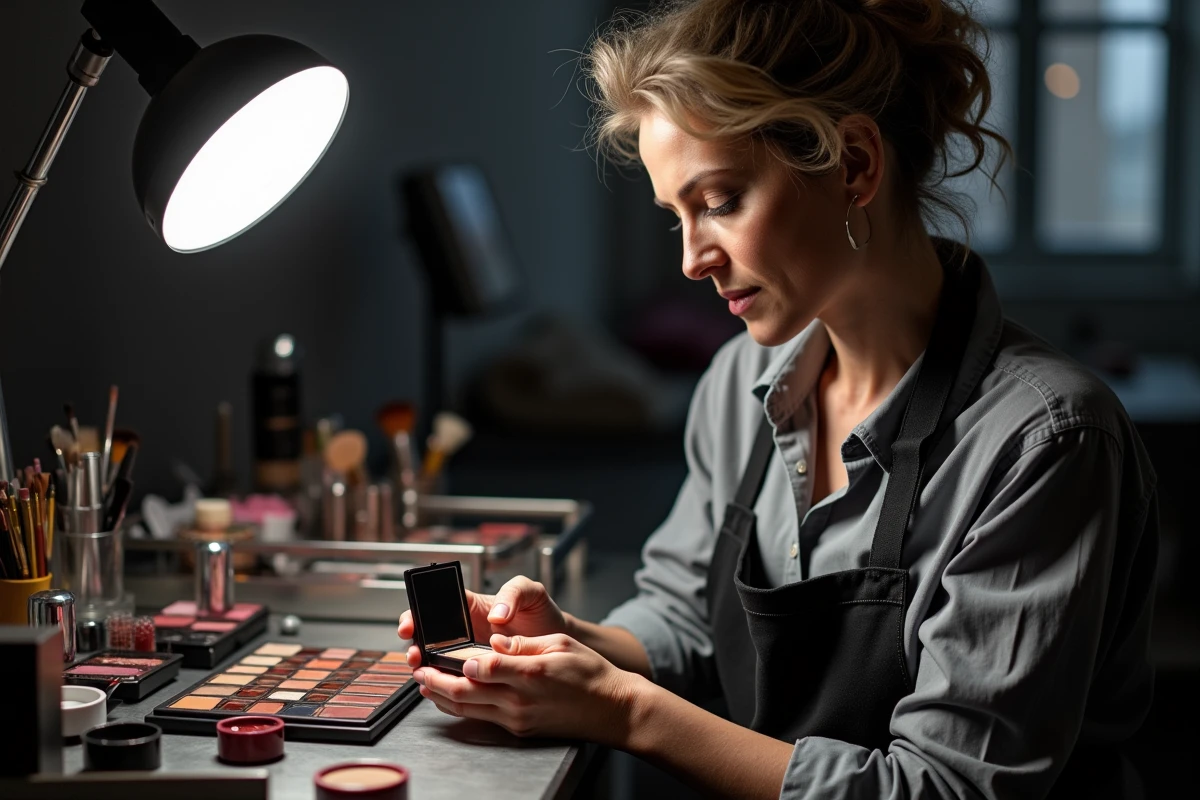 Maquilleuse professionnelle examinant un rouge à lèvres vintage dans un studio backstage avec palette de couleurs