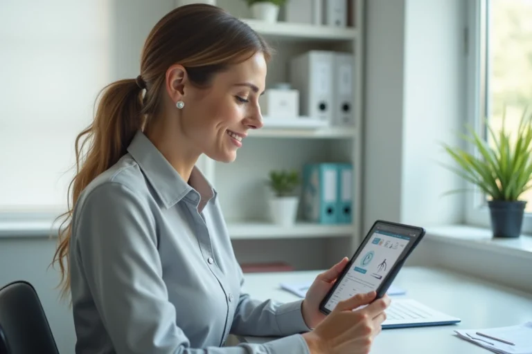 Femme médecin consultant des données de santé sur tablette dans un cabinet médical moderne pour un suivi médical personnalisé