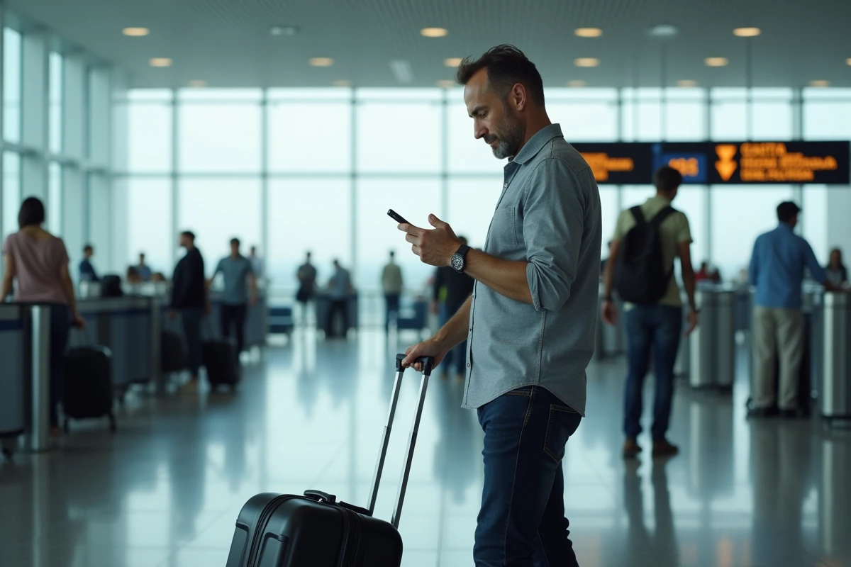 Homme vérifiant sa réservation Ryanair sur smartphone dans un aéroport avant un vol
