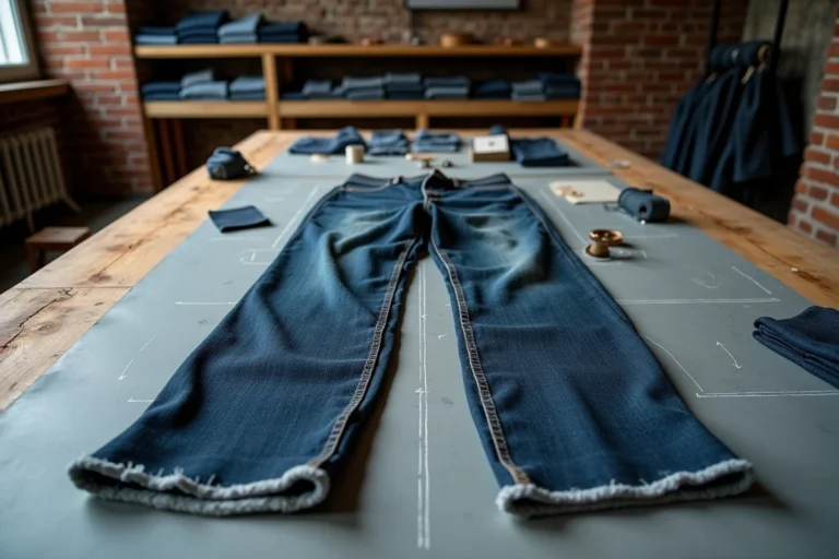 Jean en denim indigo usé posé sur une table d'atelier textile entouré d'un mètre ruban et de chutes de tissu, illustrant le parcours de fabrication du jean