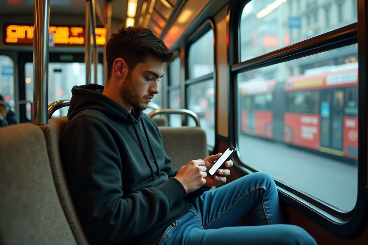 Jeune homme dans un bus consultant les horaires du bus 249 sur son téléphone