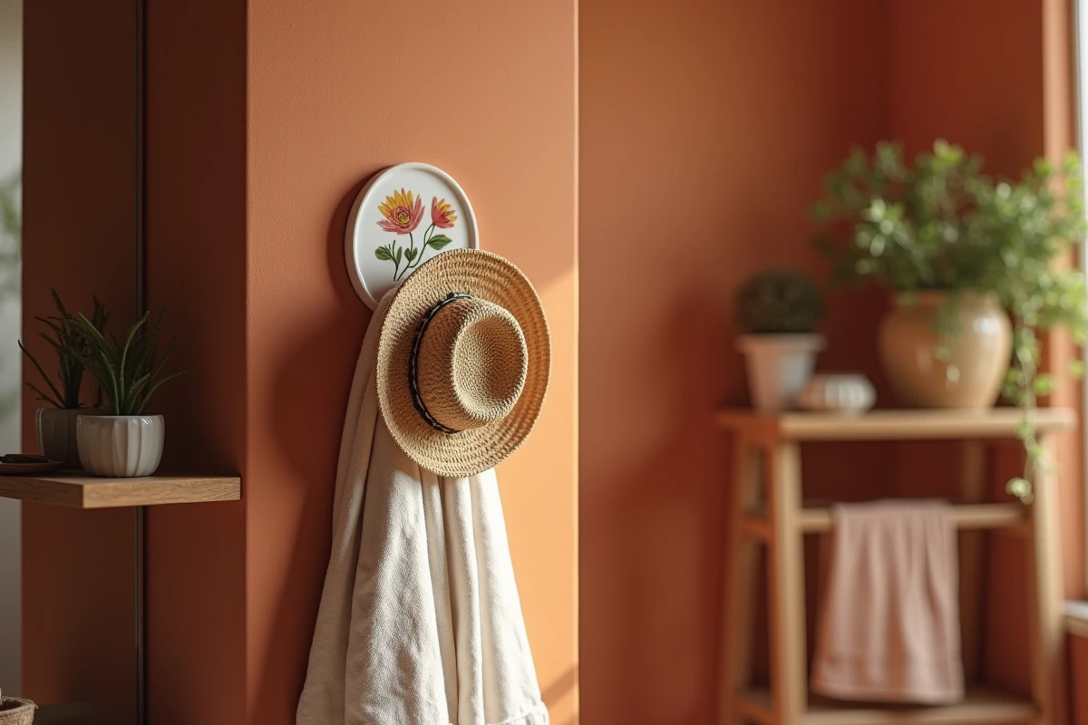Patère murale en céramique artisanale à motif floral dans une salle de bain bohème aux tons terre cuite