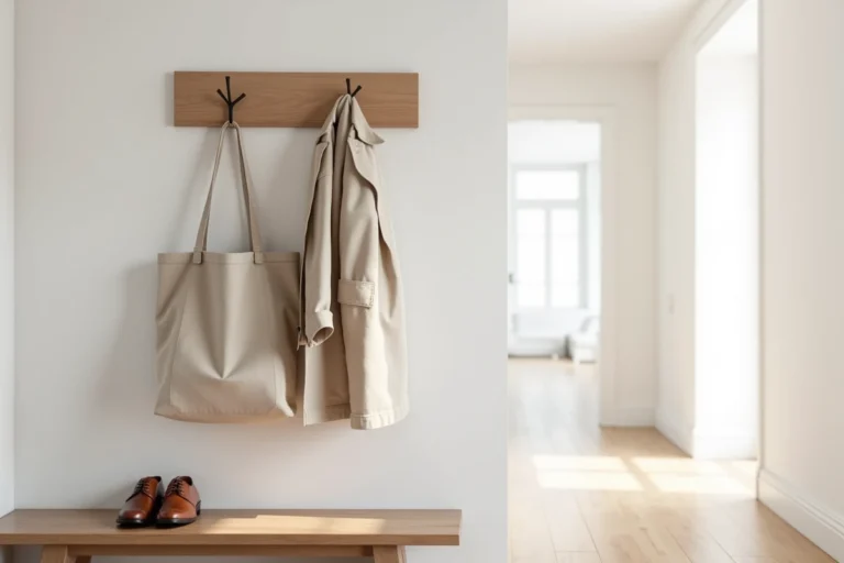 Patère murale en bois minimaliste dans une entrée scandinave avec manteau et sac accrochés