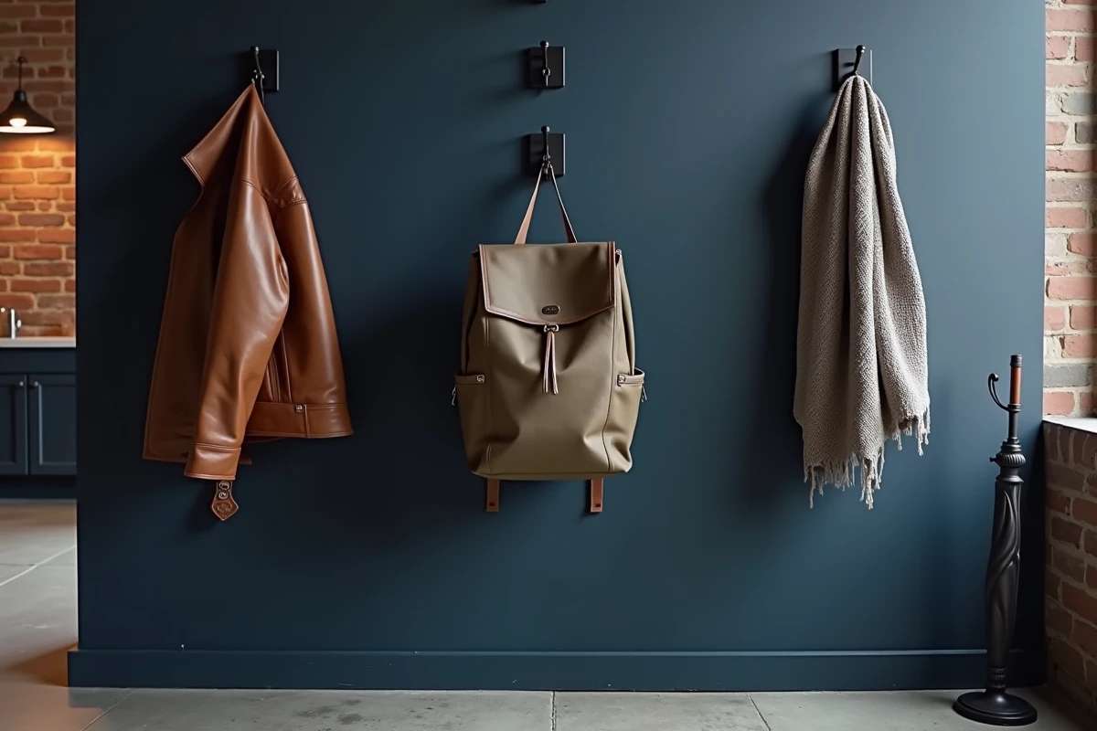 Série de patères métalliques noires sur mur bleu marine dans un appartement au style industriel