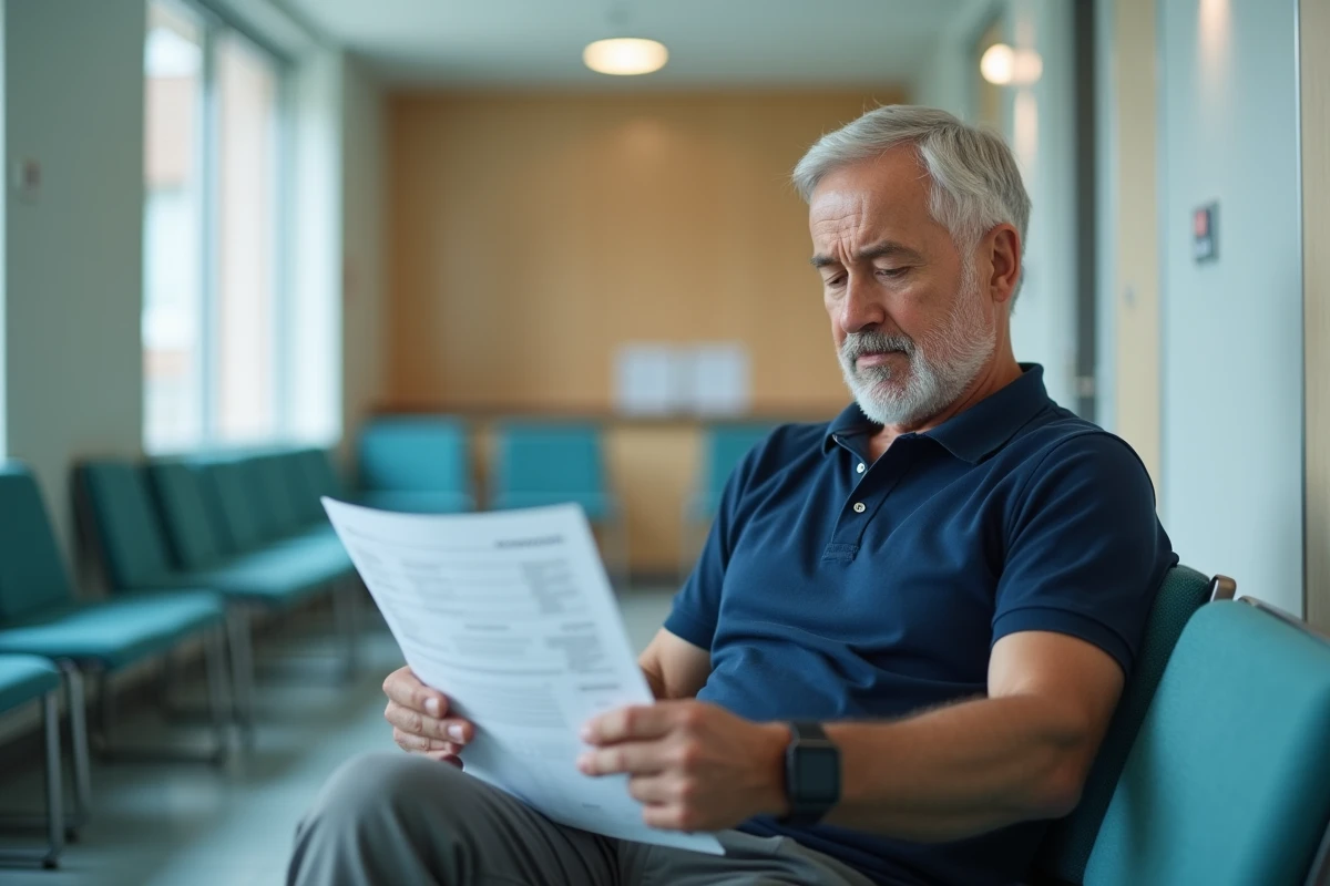 Patient âgé consultant un rapport médical imprimé en salle d'attente hospitalière avec une montre connectée au poignet pour la surveillance de santé