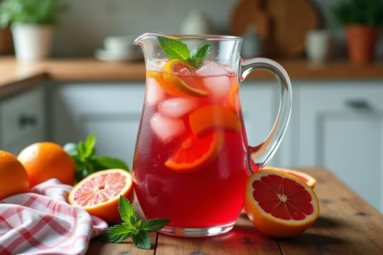 Pichet de punch maison aux fruits rouges avec des tranches d'agrumes et des feuilles de menthe sur un plan de travail en bois rustique