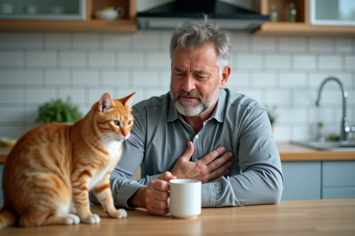 Homme à la cuisine avec un chat orange, poils en suspension dans l'air, gêne respiratoire due aux allergènes félins