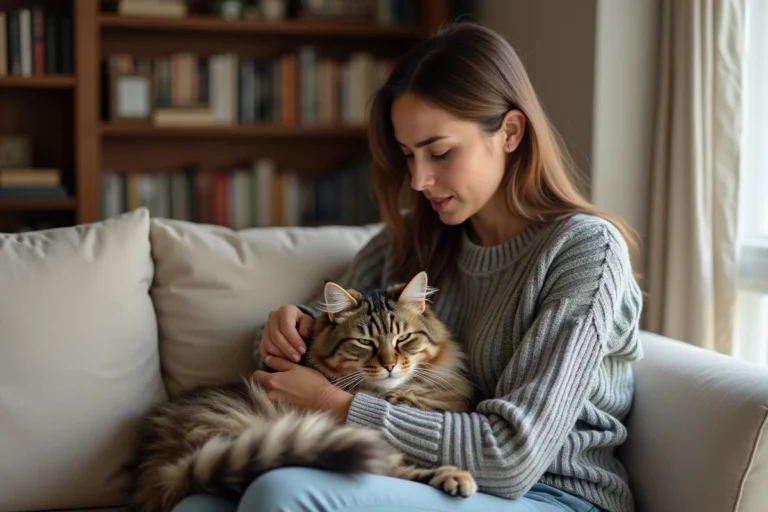 Femme assise avec un chat sur les genoux, poils de chat visibles sur son pull en laine, risques respiratoires liés aux poils de chat
