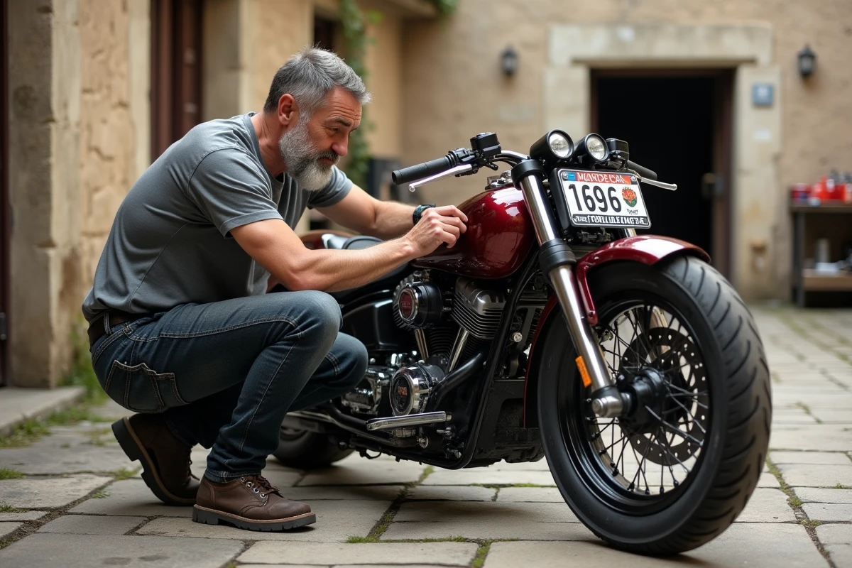 Constructeur de trike fixant une plaque d'immatriculation officielle après obtention de l'homologation en France