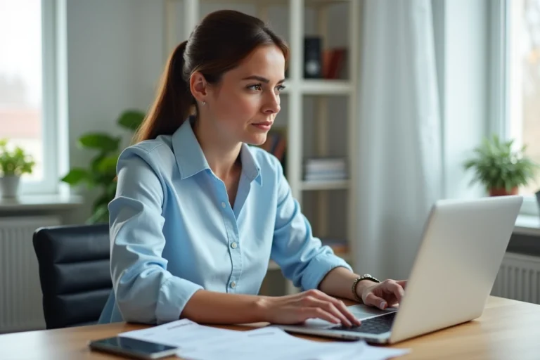 Femme consultant un prélèvement SEPA sur son ordinateur portable dans un bureau à domicile