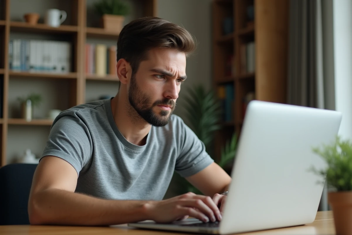 Homme frustré face à un message d'erreur de connexion sur son ordinateur portable lors d'une session sur Sigtao