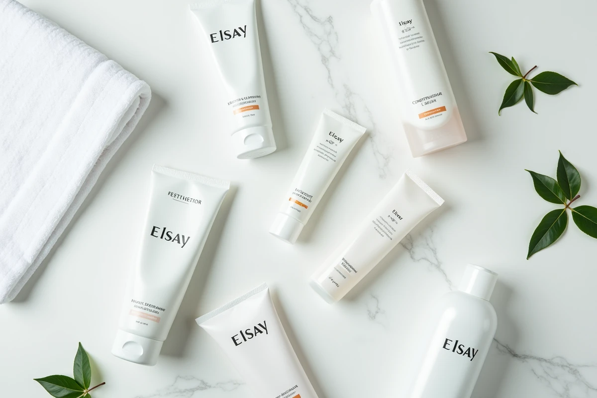 Vue aérienne de produits Elsay de la marque Leclerc disposés sur marbre blanc avec accessoires de soin naturels
