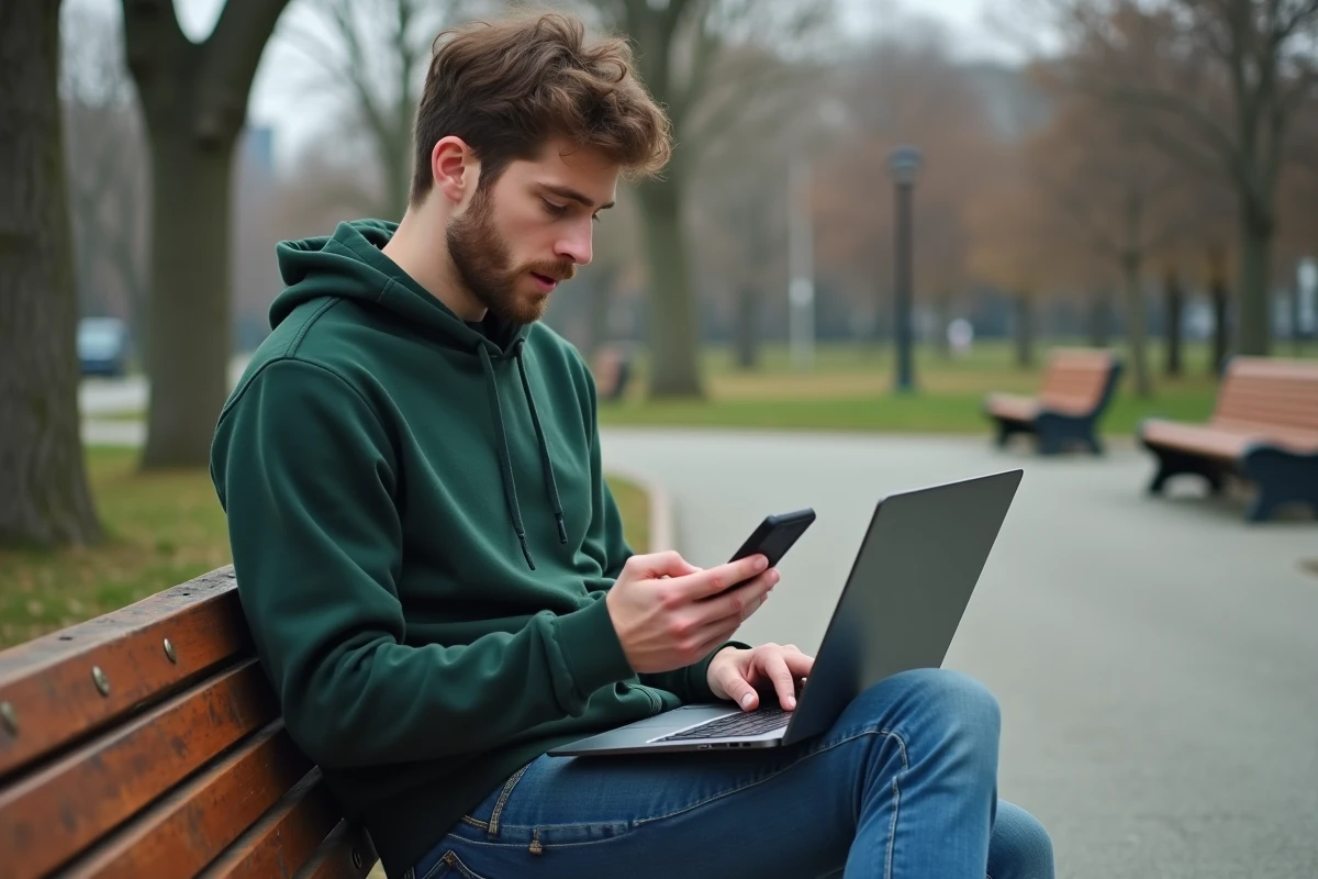Jeune homme utilisant un ordinateur portable et un smartphone dans un parc pour rechercher l'identité d'un numéro 06 inconnu sur internet