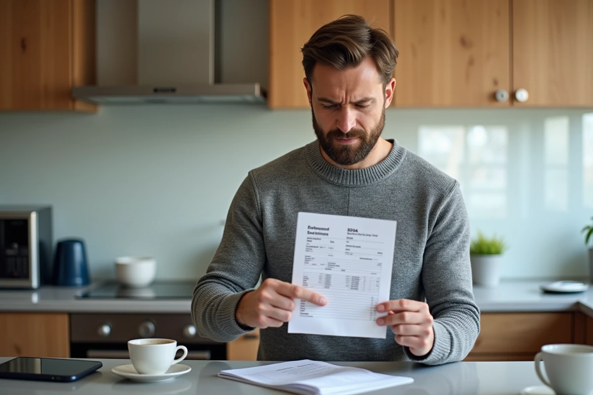 Homme examinant un relevé bancaire avec un prélèvement SEPA ADIS dans une cuisine moderne