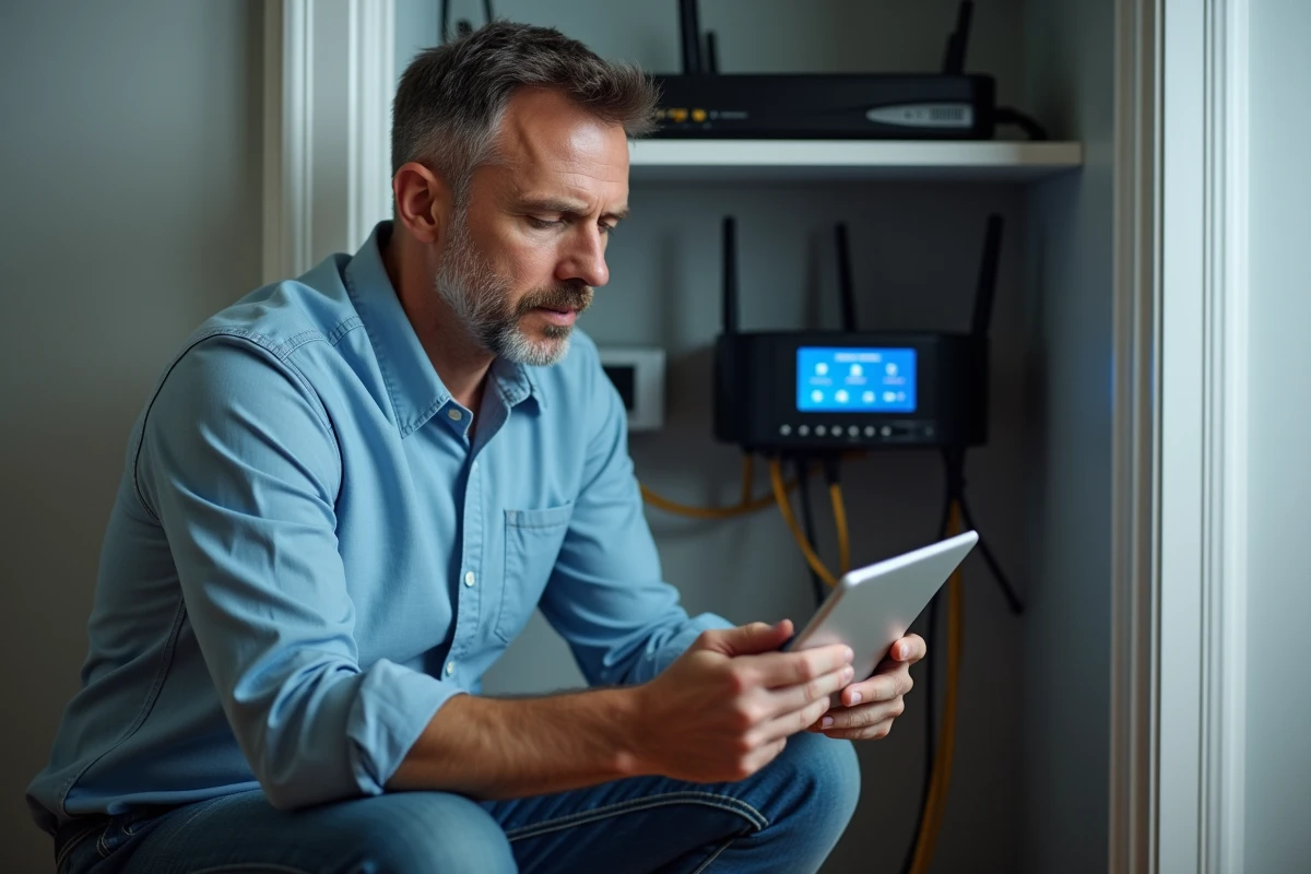 Homme consultant une tablette pour dépanner une connexion réseau défaillante sur Sigtao à domicile