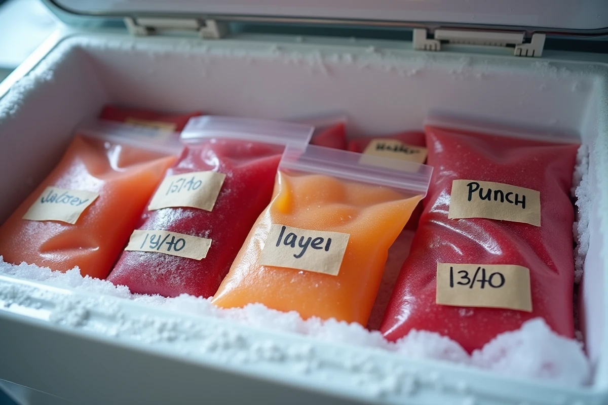 Sacs de congélation remplis de punch maison étiquetés et disposés dans un congélateur ouvert avec du givre visible