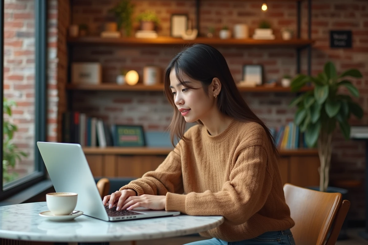 Jeune femme saisissant un mot de passe sécurisé sur un ordinateur portable dans un café moderne