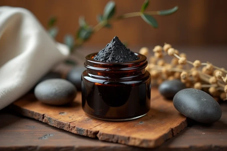 Pot en verre ambré contenant du shilajit résineux posé sur une surface en bois rustique avec des pierres naturelles