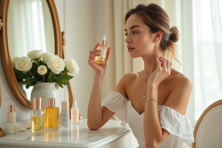 Femme appliquant un sérum doré de luxe devant un miroir en marbre blanc dans une ambiance boudoir parisienne raffinée