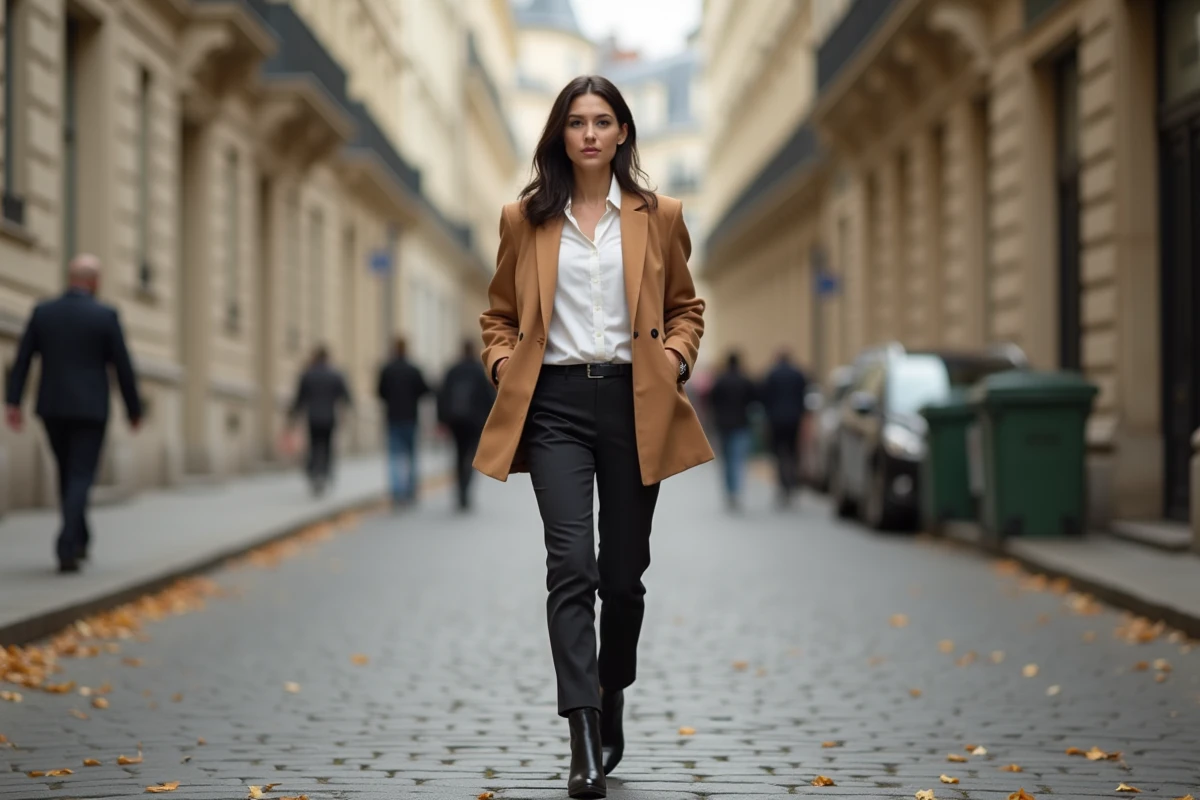 Femme élégante en blazer camel oversize et pantalon slim, posant sur un trottoir parisien en automne, tendances mode saison