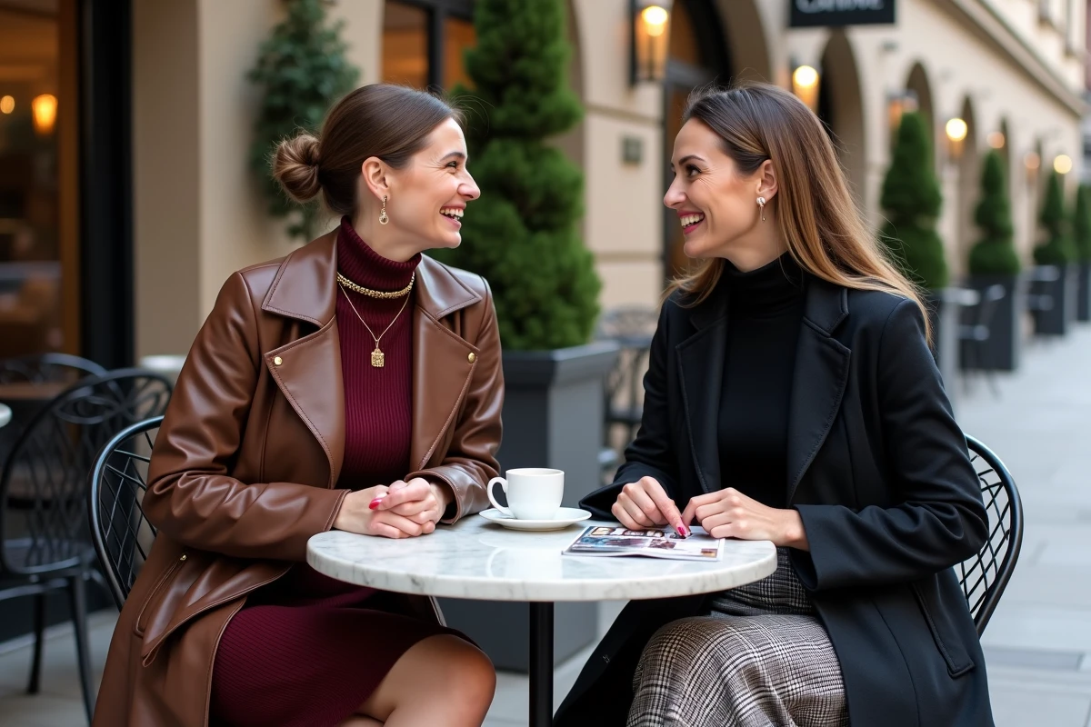 Deux femmes stylées aux tenues tendance automne-hiver attablées en terrasse de café parisien, inspirations mode saison
