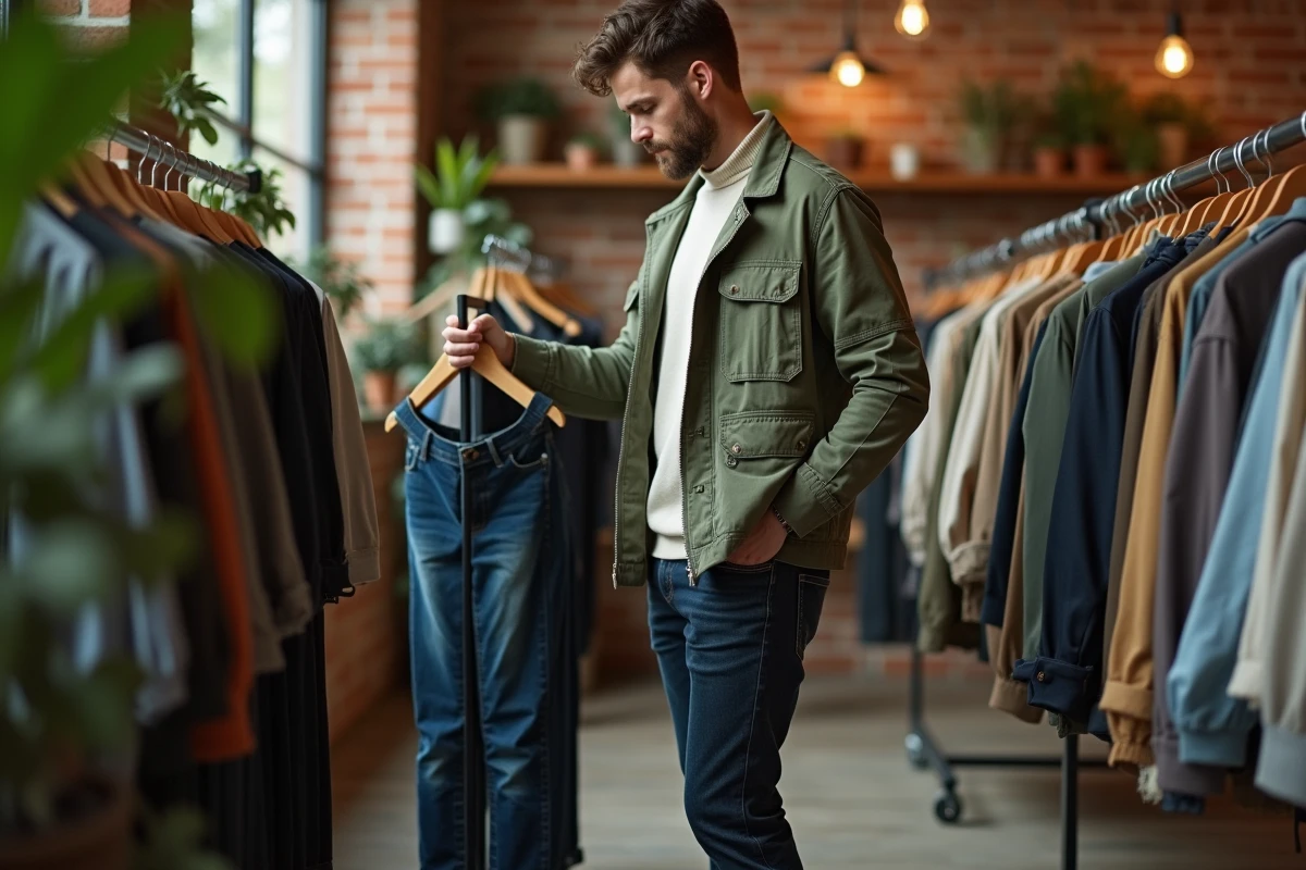 Homme en veste utilitaire verte et jean indigo explorant un concept store vintage, inspiration mode masculine tendances actuelles