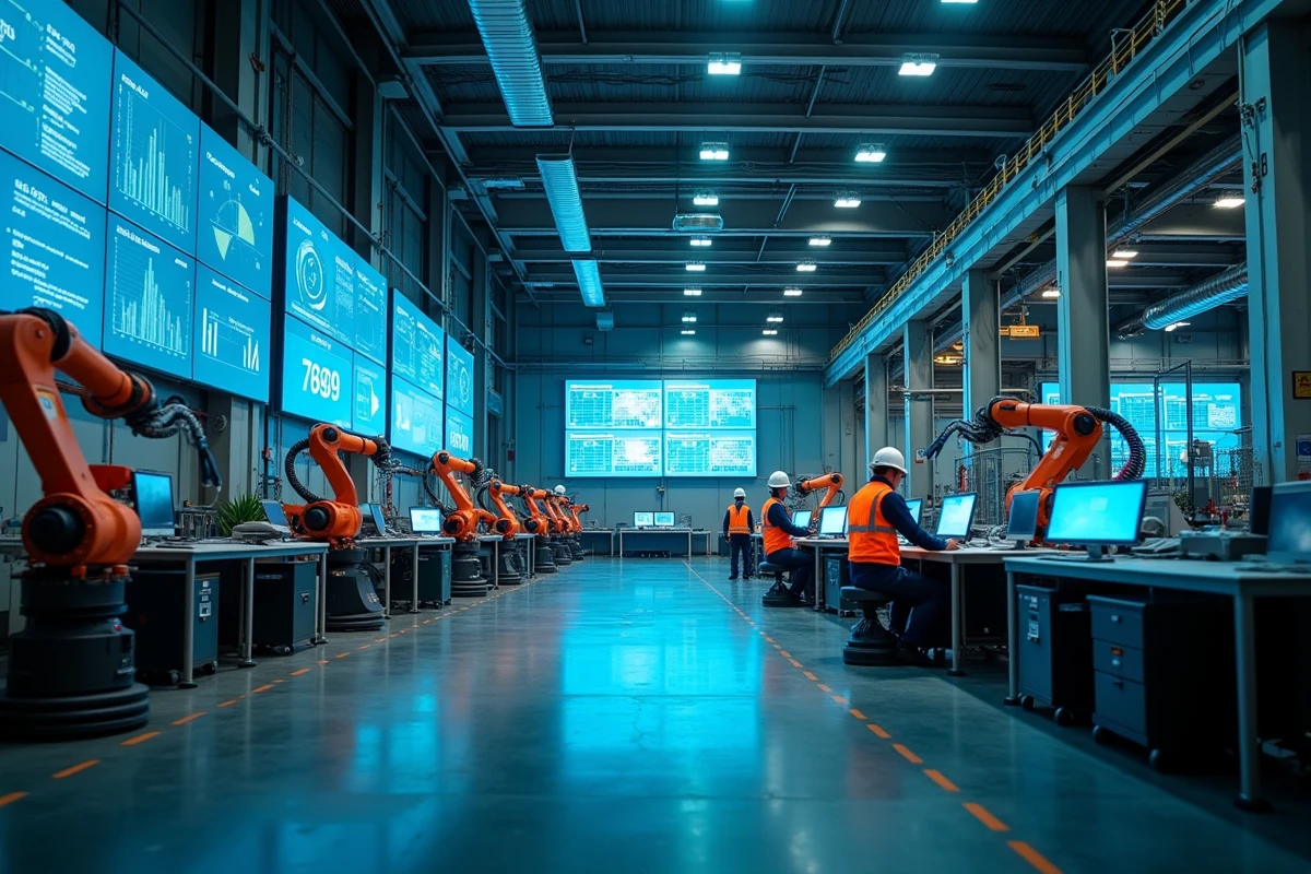 Usine technologique de pointe avec des robots et des écrans de données financières symbolisant l'empire industriel d'Elon Musk