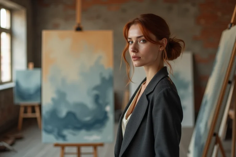 Veronika Thielova artiste dans son atelier devant une toile abstraite