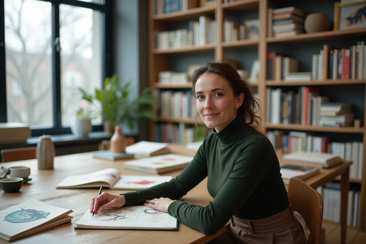Veronika Thielova dans un bureau de galerie entourée de livres d'art et de croquis